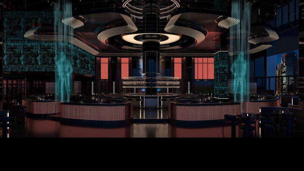 Futuristic AI restaurant interior with digital holographic displays