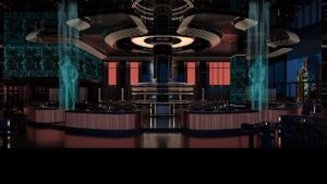 Futuristic AI restaurant interior with digital holographic displays