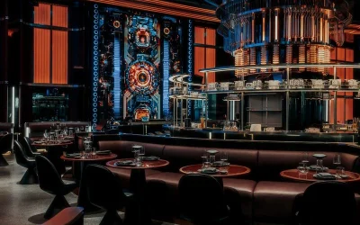 Futuristic AI restaurant interior in Dubai featuring a high-tech illuminated bar, digital installations, and elegant dining tables in a luxury setting.