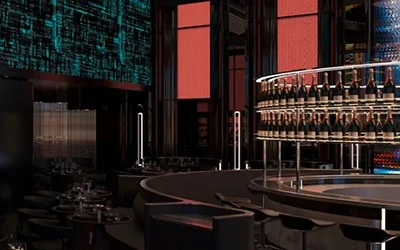 Futuristic Dubai restaurant interior with cosmic-themed decor and statue centerpiece, offering some of the best food in Dubai in a luxurious setting.