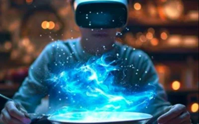 Person wearing VR headset experiencing future food with a glowing digital projection over a dish in a futuristic dining setting.