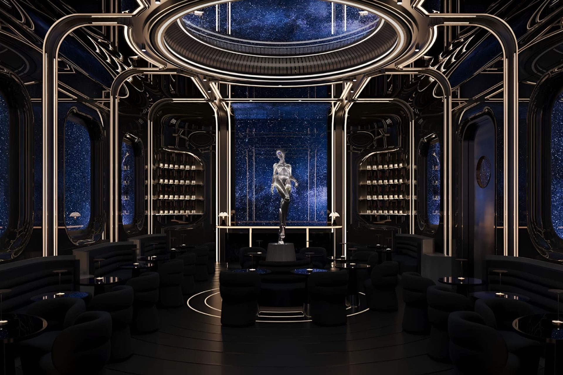 Futuristic interior of The Spock Lounge at Woohoo Dubai