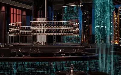 Futuristic interior of Woohoo restaurant in Dubai, featuring a cyberpunk-inspired design with illuminated ceiling structures, glowing digital textures, and panoramic city views.
