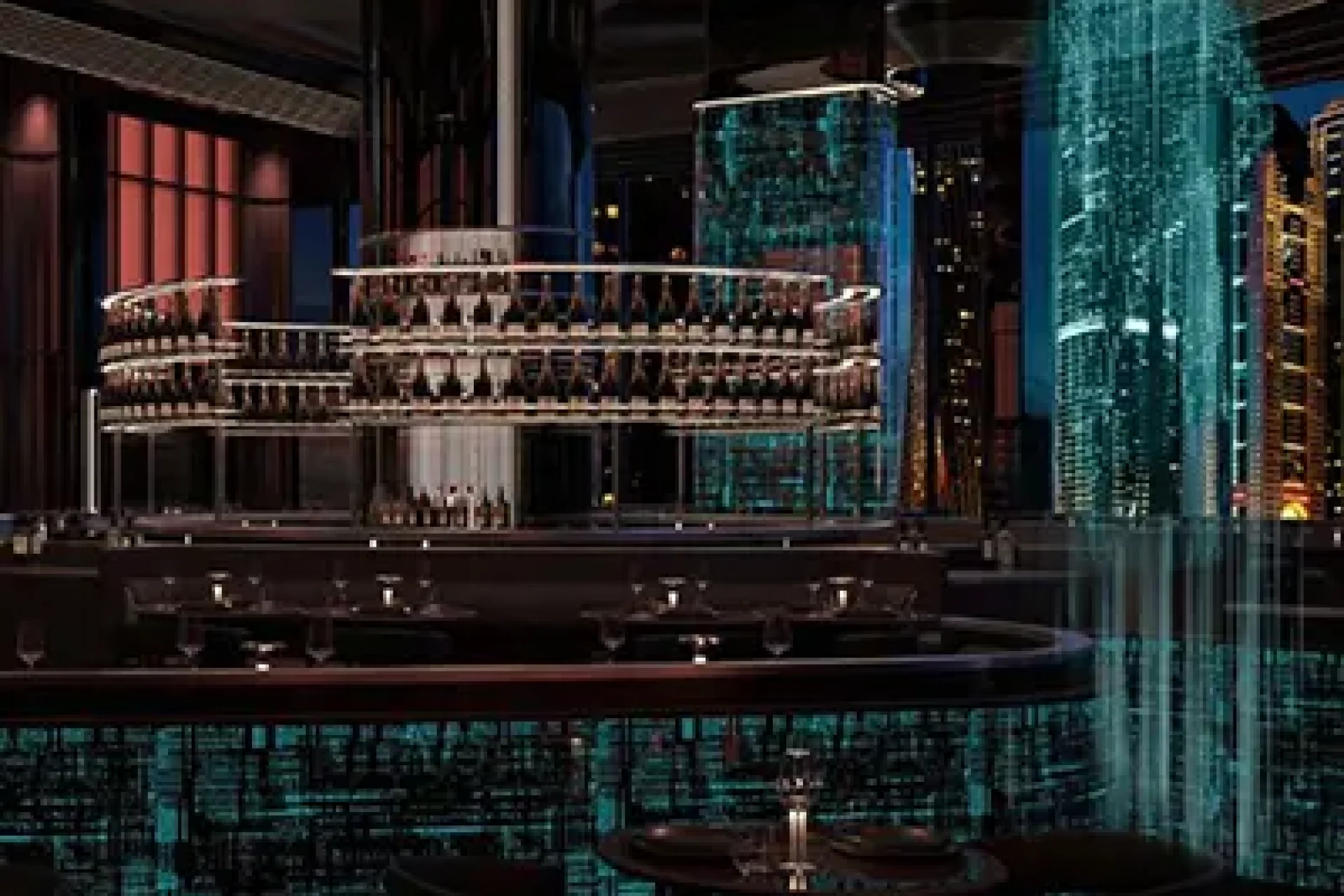 Futuristic interior of Woohoo restaurant in Dubai, featuring a cyberpunk-inspired design with illuminated ceiling structures, glowing digital textures, and panoramic city views.