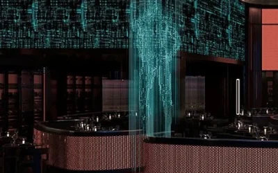 The blue and pink interior of a restaurant